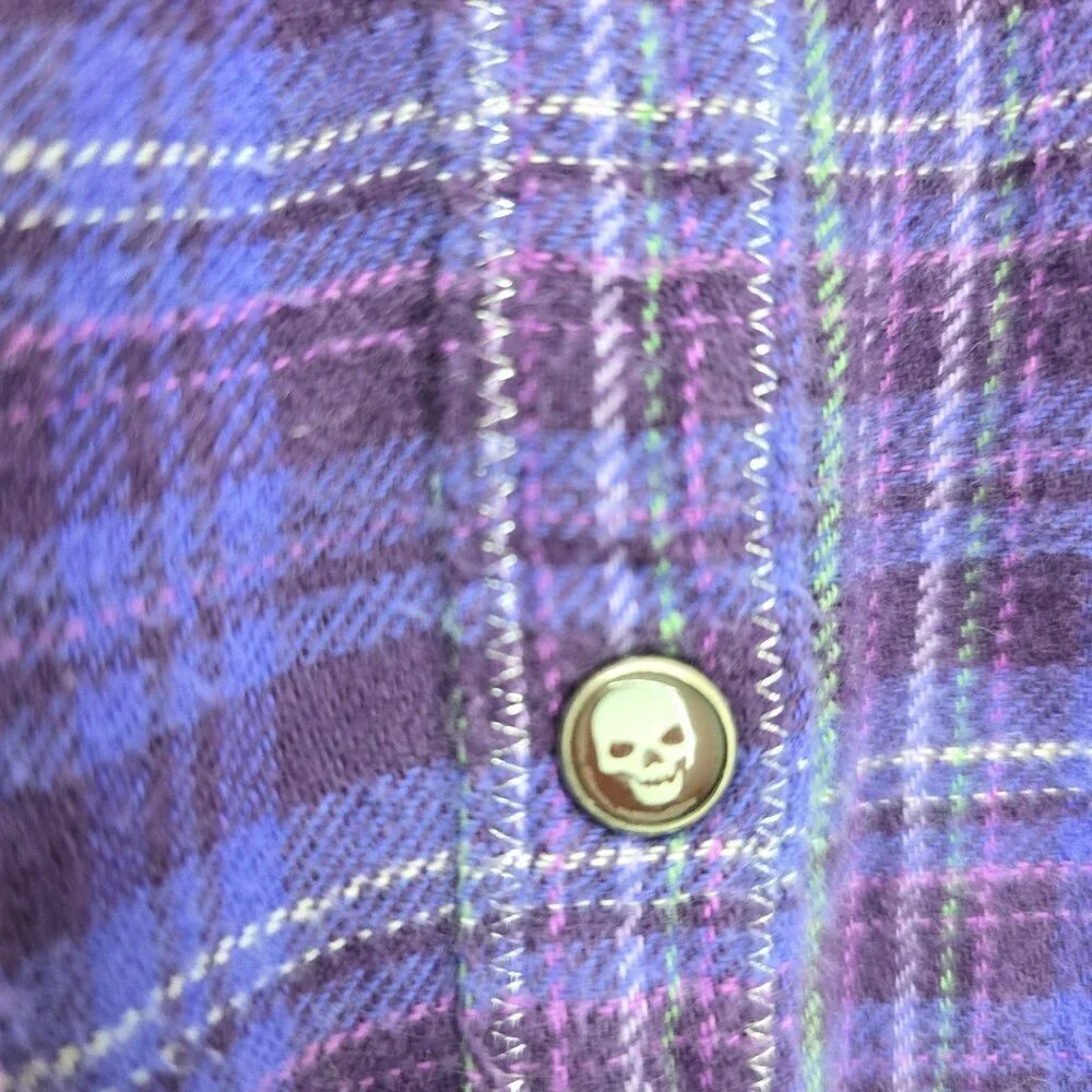 BCBG Girls Purple Denim PLaid Skull Button Long Sleeve Flannel Size M